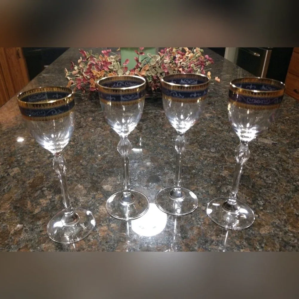 Set of Four Gold & Purple/Blue Crystal Wine/Cordial Glasses - Picture 1 of 4